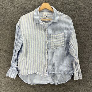 Nicole Miller Shirt Women M Medium Blue Striped Button Up Linen Long Sleeve
